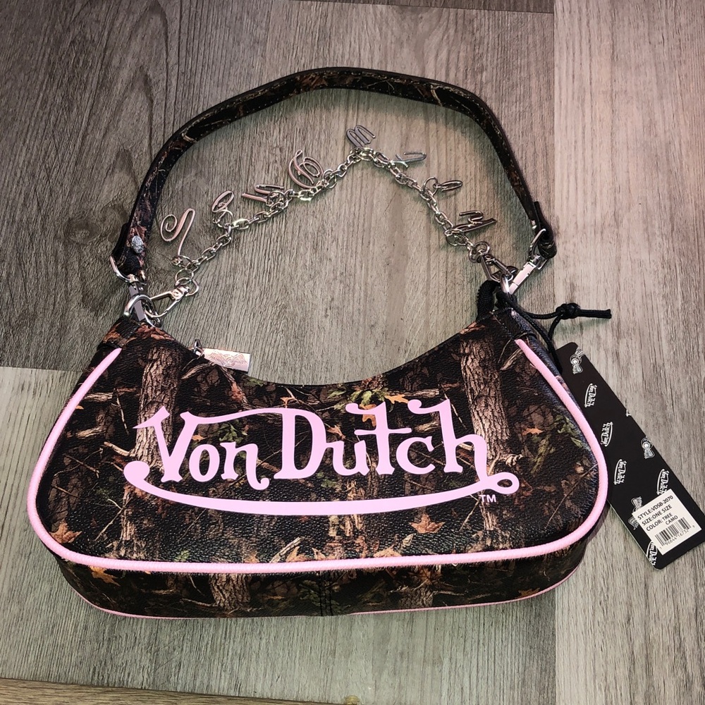 Von Dutch Tree Camo Shoulder Bag Pink Logo & Von Dutch Logo Chain Accent NWT - Picture 2 of 16